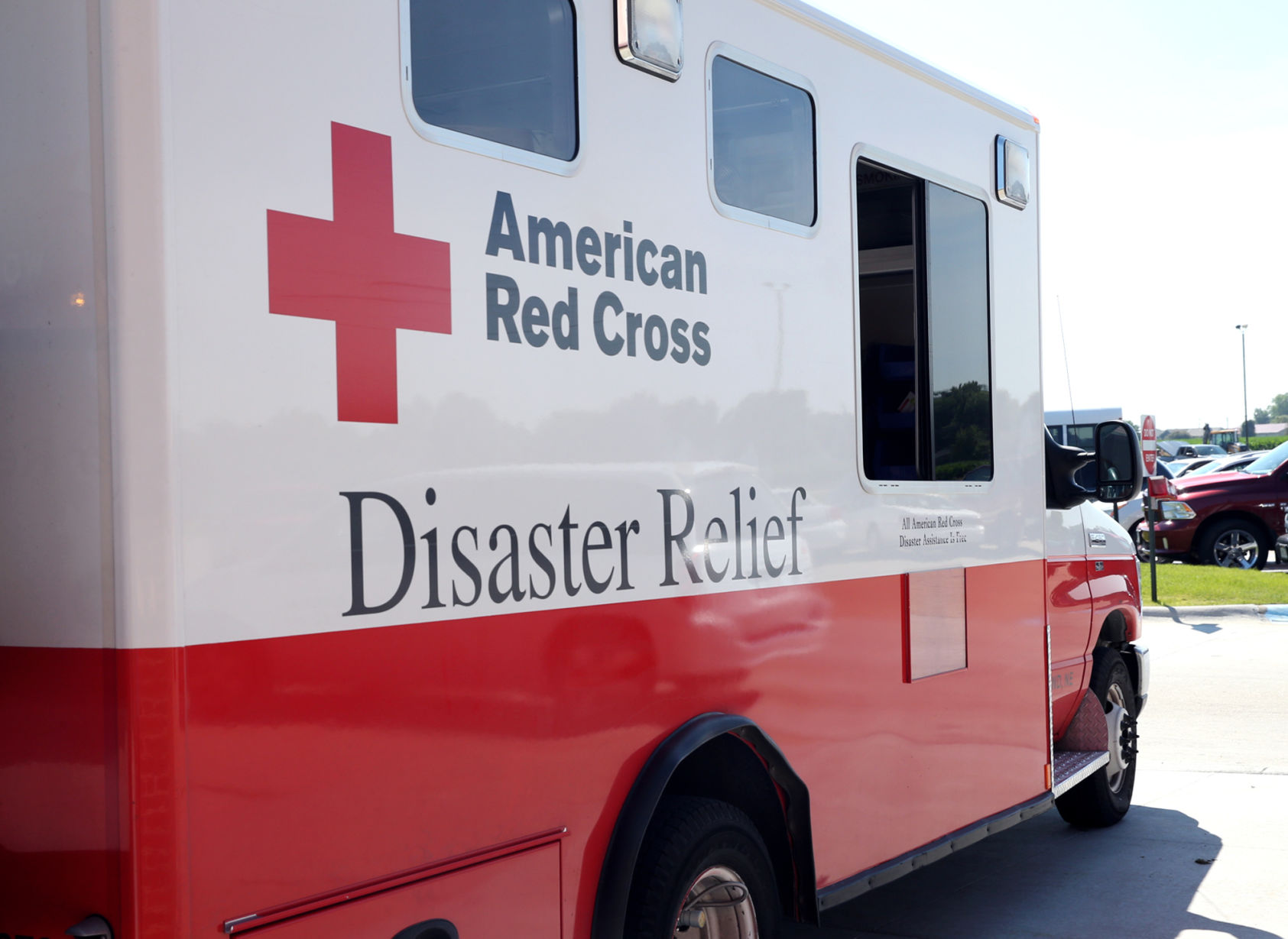 Red Cross currently has a disaster relief truck in front of Wood River High School